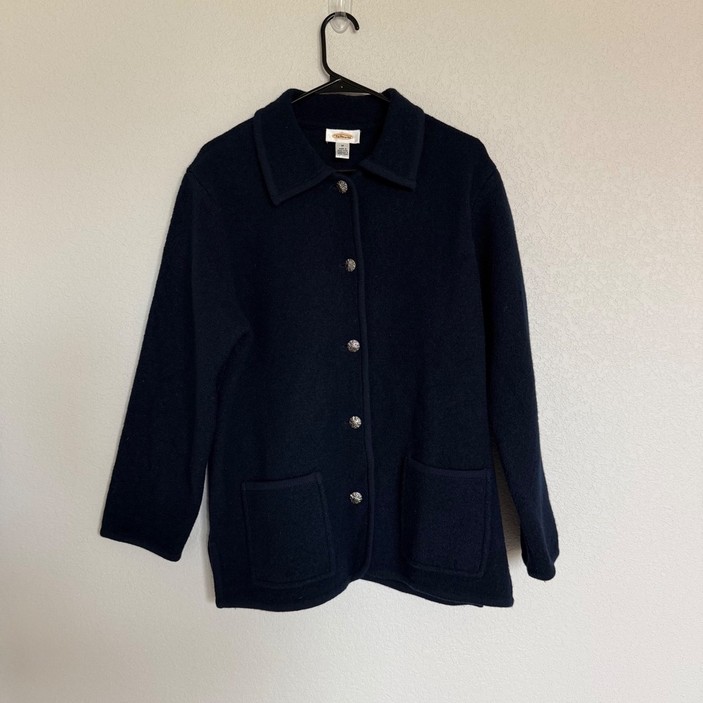 Talbots Vintage Navy Blue 100% Wool Sweater Jacket Silver Floral Button Winter